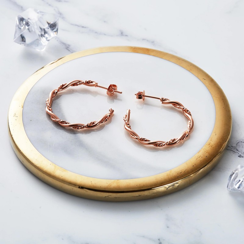 Philip Jones Rose Gold Plated 30mm Twisted Diamond Cut Hoop