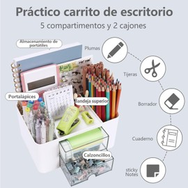 Rantuia Porta Lapices de Escritorio, con 5 Particiones y 2 Cajones Transparentes, Organizador de Escritorio Universal, Cajón Transparente para Fácil Acceso. (Blanco)