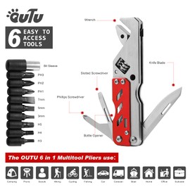 Multitool Wrench, with Adjustable Wrench/Flat Screwdriver/Phillips Screwdriver/Bottle opener/9 Different Sizes of Screwdriver Bits (Red)