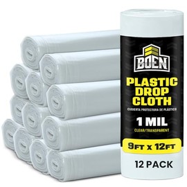 BOEN 9x12 Clear Plastic Drop Cloth – 12-Pack 1 Mil Painters Plastic Sheet – Waterproof Dust & Paint Protection for Furniture, Floors, Moving & Window Insulation – Plastic Tarp for Home Renovation
