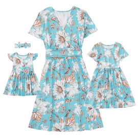 Mommy and Me Floral Dresses Outfits Mother Daughter Baby Girls Matching Ruffle Sleeve Summer Dress Bow Headband Light Blue Size 2-3 Years