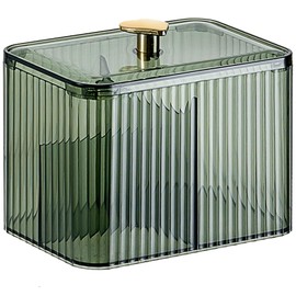 Veki Clear Cotton Pad Container Holder with Lid, Cotton Bud Holder with 3 Compartments for Dressing Table, Bathroom, Bedroom, Makeup Organiser Storage for Cotton Swab, Floss, Cosmetic (Green)