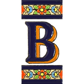 Schilder mit Zahlen und Nummern auf vielfarbiger Keramikkachel. Handgemalte Kordeltechnik fuer Schilder mit Namen, Adressen und Wegweisern. Persoenlich gestaltbarer Text. Design FLORES MEDIANO 10,9cm x 5,4 cm (BUCHSTABEN "B").