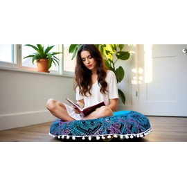 CRAFT KALA Round Mandala Boho Pillow Cover Meditation India Room Seating Poufs Cover for Living Room Yoga Home Décor Bedroom Balcony Garden Decoration Cotton Floor Cushion Cover (32", Multi Yin Yang)