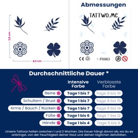 Tattwo.me - Temporäre Tattoos für Erwachsene und Kinder, 2 Wochen, wasserfest - 4 Schnittmodelle mit Pflanzenmotiven - Pflanzliche Tinte - EU-Kosmetik-Zertifikat - (5X5 - P0963)