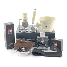 G.B.S Men’s Shaving Kit- 5 Blade Razor w/Stand, Cologne, Shaving Mug Knob Handle, Badger Brush w/Stand, Sandalwood Aftershave, Hair Wax w/Folding Comb Case Natural Shaving Soap Grooming Kit