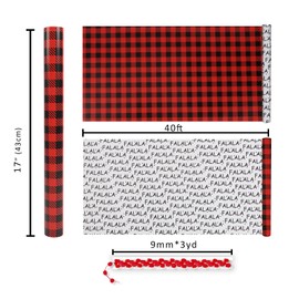 BIOBROWN Reversible Christmas Wrapping Paper Roll with Trim Ribbon 17 Inch X 40 Feet Gingham Design Perfect for Christmas, Party, Xmas, Holiday Gift Wrap