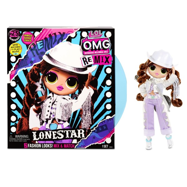 L.O.L. Surprise! OMG Remix Lonestar Fashion Doll, Plays Music with Extra Outfit, 25 Surprises Including Shoes, Hair Brush, Doll Stand, Magazine, and Record Player Package - for Girls Ages 4+
