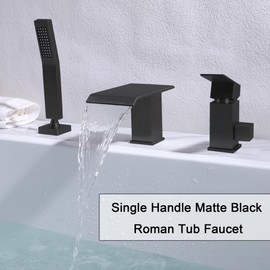 Beiyi Waterfall Roman Tub Faucet with Hand Shower Matte Black 3 Hole Bathtub Faucet with Sprayer Deck Mount Bath Tub Filler Set, BY012RB