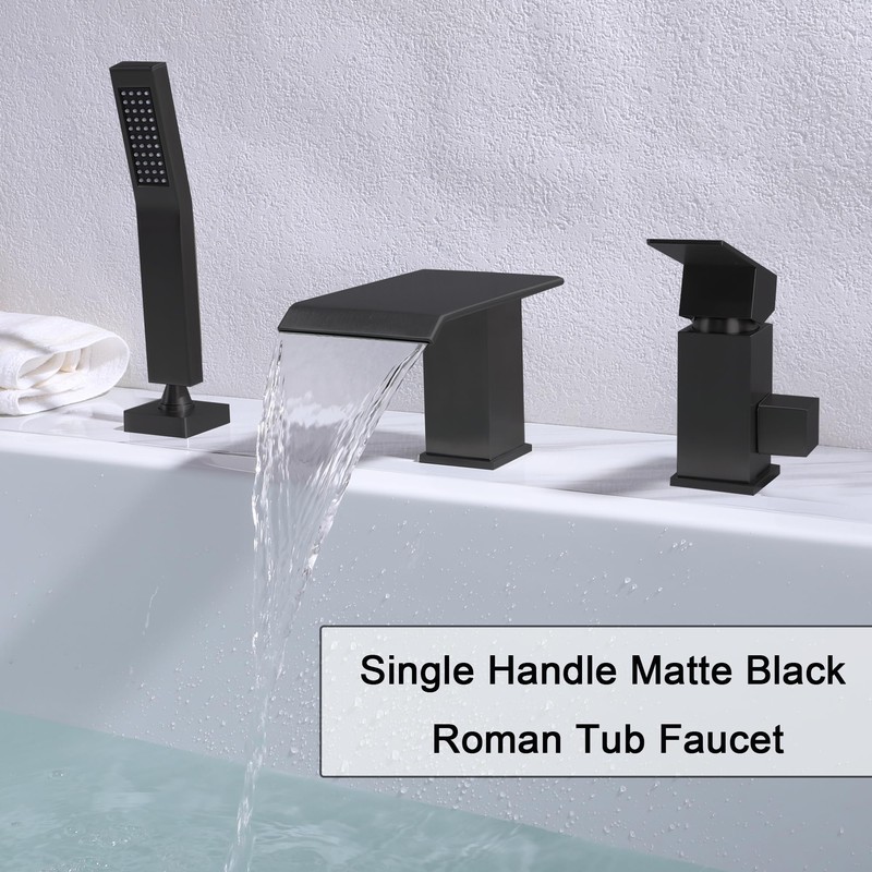 Beiyi Waterfall Roman Tub Faucet with Hand Shower Matte Black