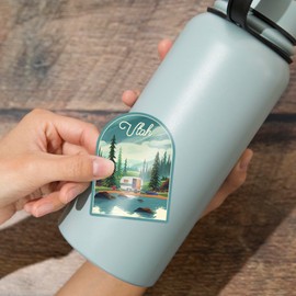 Die Cut Sticker Utah, Outdoor Activity, at Home Anywhere, Camper in Evergreens Vinyl Sticker, (Waterproof Decal for Cars, Water Bottles, Laptops, Coolers), Large