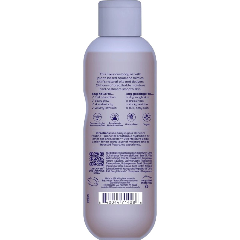 Eos Cashmere Body Oil, Vanilla Cashmere, 24 Hour Moisture, Plant-Based