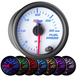 GlowShift White 7 Color 30 PSI Fuel Pressure Gauge Kit - Includes Electronic Sensor - White Dial - Clear Lens - for Diesel Trucks - 2-1/16" 52mm