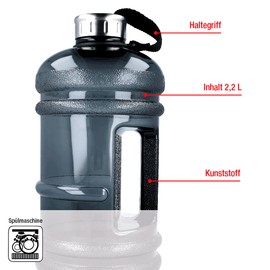 EUROHOME Plastic Water Bottle with Handle - Bottle for Water - Drinking Bottle 2.2 Litre Capacity - Plastic Water Canister - Sports Water Bottle 2 L Water Bottle - Gym Bottle XL Green Grey
