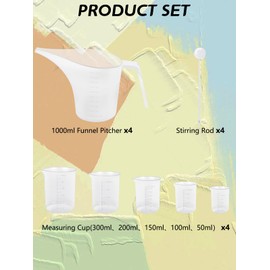 Artcome Funnel Pitcher Set - 4 Pack, 1000ml Plastic Measuring Pitchers with Funnels, 4 Stirring Rods, and 15 Small Measuring Cups for Soap Making, Resin Casting, Baking, and DIY Crafts