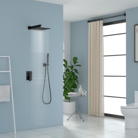 Lordear Rain Shower System 10 Inch Wall Mounted Shower Faucet Set, Matte Black Stainless Steel Square Rainfall Shower Head with Handheld, Brass Valve Included