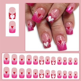 LBPEPAMZ 24Pcs Valentine Press on Nails Short Medium Square Fake Nails with Heart Line Designs Pink French Tips Acrylic Nails False Nails Full Cover Glossy Stick on Nails for Women Girls Decor