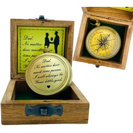 MADSNIIB Engraved Compass with Wooden Box, Compass for Hiking and Touring, Vintage Handmade Compass for Dad, Antique Brass Compass for Hiking, Touring, Boating, Camping