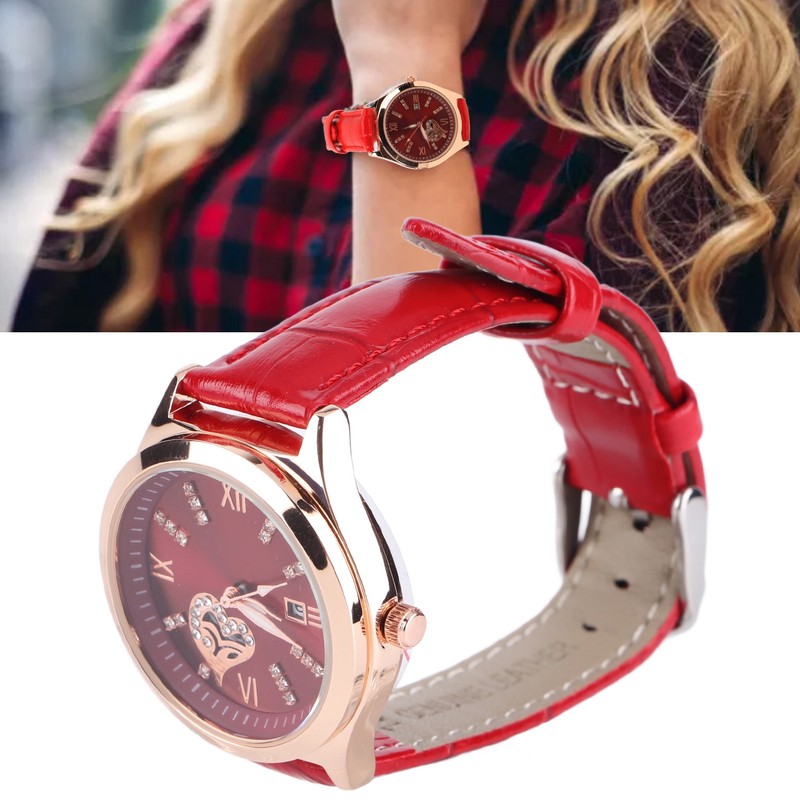 Women Watch Wine Red Mechanical Watch Luminous Waterproof Hollow Heart