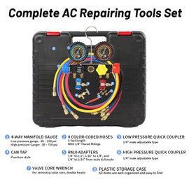 PB Motor Tech 4-Way AC Manifold Gauge Set for R22, R134A, R410A Refrigerants, with Quick Couplers, Adapters, Puncturing Can Tap Tools for AC Maintenance, Includes EV Cotton Lining and Storage Case