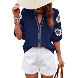 IYICLOTH Women's Summer Tops Floral Embroidered Puff Short Sleeve Shirts V Neck Boho Tunic Casual Blouse,XL Navy Blue