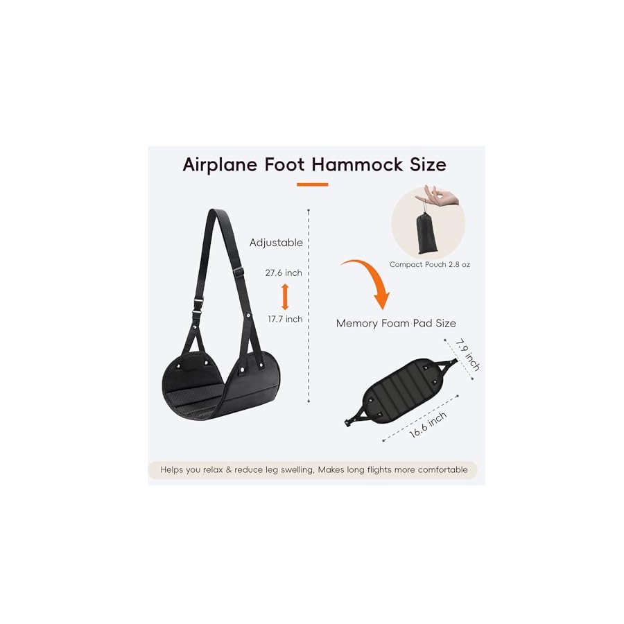 Foot Hammock for Plane Travel, Airplane Foot Hammock, Adjustable Foot Rest Sling, Airplane Gadgets Travel Essentials for Long Time Flight (Black)