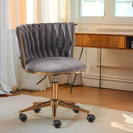 ROCKINGRUN Home Office Chair,Velvet Vanity Chair, Upholstered Swivel Desk Chair with The Woven Back,Adjustable Low Back Rolling Chair with Wheels for Living Room, Bedroom,Vanity Room，Grey