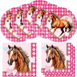 Pink Horse Birthday Party Supplies, 20 Plates and 20 Napkins, Pink Cowgirl Horse Theme Birthday Party Decoration for Girls Women