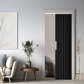 Magnetic Door Curtain with Blackout, Foldable Room Divider for Bathroom/Bedroom/Living Room, Accordion Design (Black)