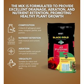 Black Gold All Purpose Potting Mix 16 qt Bundle with Plant Food Spikes - Potting Soil for Indoor & Outdoor Container Plantings with Controlled Release Fertilizer for Lasting Growth - (2 Items)