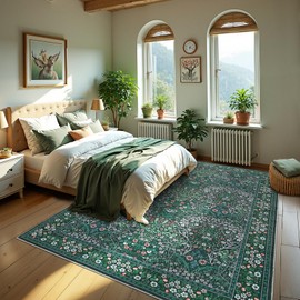 GarveeHome Floral Washable 8x10 Rug Large Rugs for Living Room Soft Boho Bedroom Rugs, Non Slip Botanical Carpet for Dining Room Nursery, Dark Green