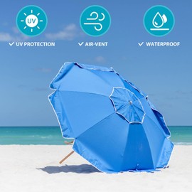 AMMSUN 7.5ft Heavy Duty High Wind Beach Umbrella Commercial Grade with Air Vent Ash Wood Pole & Carry Bag UPF 50+ Sun Protection for Patio Garden Pool Backyard Blue