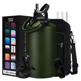 128 OZ Insulated Water-Bottles with Strap - 1 Gallon Water Jug with Straw & Spout Lid, Stainless Steel Large Water Bottle Leak Proof, Cold-48h Hot-24h Metal Water Flask w/Paracord Handle, Carrier Bag