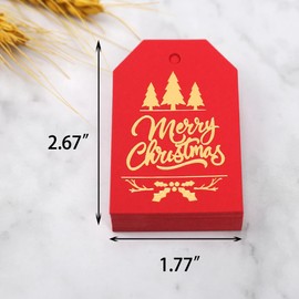 Christmas Gift Tags,100pcs Gold Foil Paper Tags with Elastic Cord for Christmas Gift Wrapping and Christmas Tree Decorations（Red)