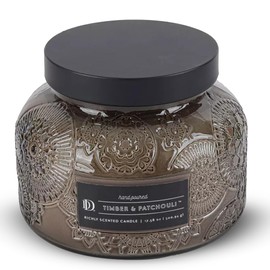 Timber & Patchouli Embossed Candle Jar (18 oz) - Refreshing Aroma of Bergamot, Mandarin Orange, and Patchouli - Large Dual Wick Glass Jar Candle