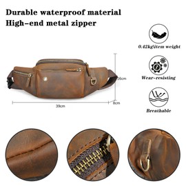 Handadsume Genuine Leather Hiking Riding Travel Fanny Pack Waist Bag Small Phone Bag for Men Women 380, 389 Brown, Classic hip backpack with small chest bag.