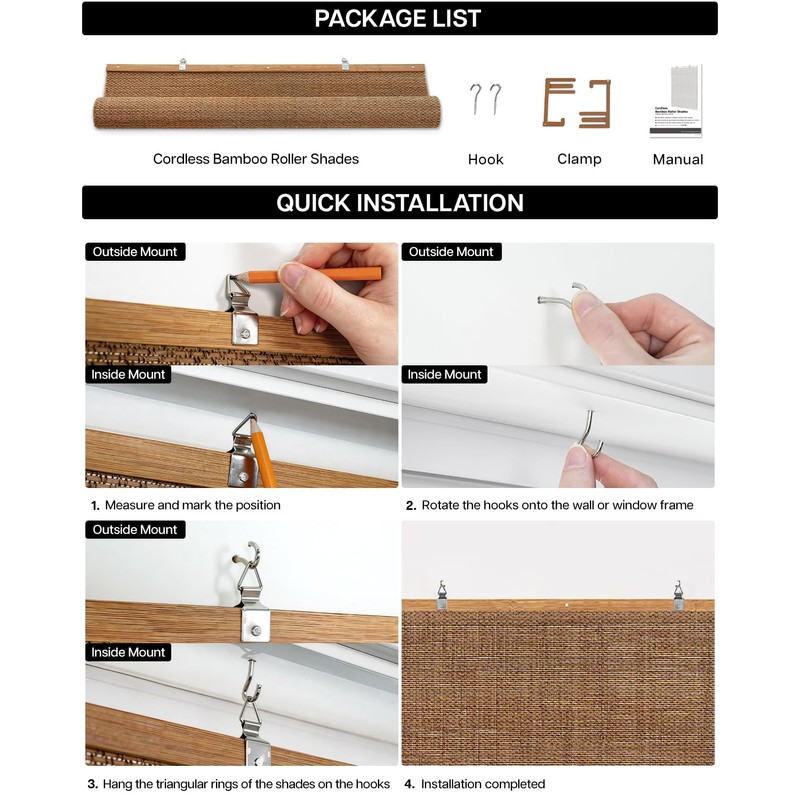 LazBlinds Manual Roll-up Bamboo Blinds, 23" W x 72" H,