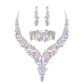 BriLove Bridal Jewellery Set for Wedding Women Crystal Teardrop Flower Cluster Statement Necklace Dangle Earrings Link Bracelet Jewelry for Party Prom Iridescent AB Silver-Tone
