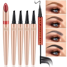 5 Pack Eyebrow Pencil Set with 4 Color Eyebrow Pen and 1Pcs Double-headed Black Eyeliner Mascara, Waterproof Long Lasting Liquid Brow Pen with Fork Tip Eyebrow Tattoo Eyebrow Makeup Kit