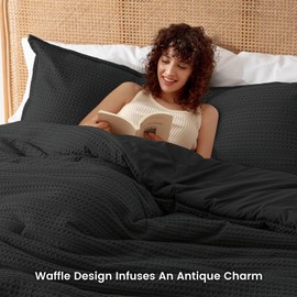 PHF Soft Waffle Comforter Set Queen Size- Comfy Breathable Waffle Weave Comforter with 2 Pillow Shams, 3 Pieces No Snagging Lightweight Bedding Set for All Season, Black