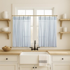 Coastal Bathroom Window Curtains,Short Privacy Sheer Linen Light Blue Striped Medium Size Curtains for Small Window 36 Inch Long