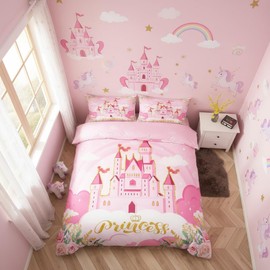 Manfei Princess Twin Bedding Sets for Girls,Pink Castle Dreamy Comforter Cover Kids Bedroom Decor,Flowers Bed Set,Fairy Tale Theme Duvet Cover Cute Blanket,Gifts for Girl,No Comforter