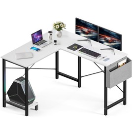 L Shaped Desk Gaming Computer 50 Inch Reversible Corner Table PC for Writing Study Student with Wood Tabletop Metal Frame CPU Stand Side Bag for Home Office Small Place, White