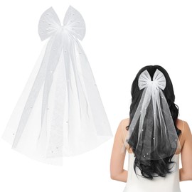 Bridal Pearl Bow Veil, Short Communion Veils Bridal with White Pearl Bow Veil Hair Clip Vintage Bride to Be Veil Bridesmaid Hair Accessories for Hen Party Holy Communion Bachelorette Party