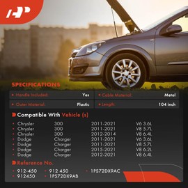 A-Premium Front Hood Latch Release Cable with Handle Compatible with Dodge Charger & Chrysler 300, 2011-2021, 104 Inch