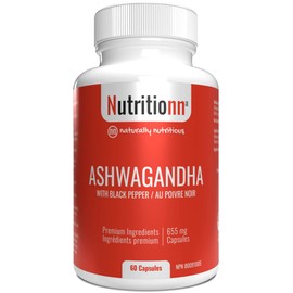 Ashwagandha Capsules by Nutritionn - 655 mg With Black Pepper for Optimal Absorption - Premium, Pure, and Natural Nervine Tonic and Sedative Supplement