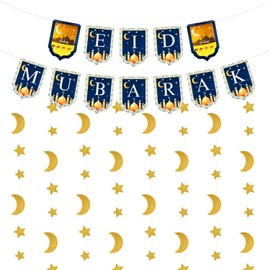 TUPARKA Eid Mubarak Banner Ramadan Decorations, Moon Stars Garland for Eid Festival Party Decoration, Gold Glitter Ramadan Kareem Decor Supplies