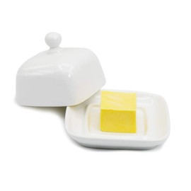NAGU Mini Square Butter Dish with Lid, White Procelain Domed Cheese Dish with Handle Individual Serving Small Butter Tray, Cute Ceramic Dessert Serving Bowl for Table, Countertop, Refrigerator