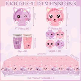 Cat Birthday Party Supplies Set, Kitten Tableware Includes Plates, Tablecloth, Cups and Straws for Kids Cat Party Decorations, Serves 20 Guest (Style A)