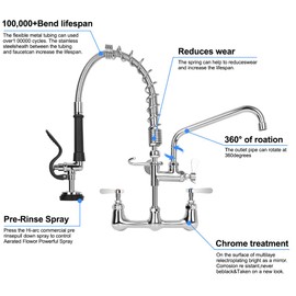 TNROTED 8 Inch Center Commercial Faucet with Sprayer 20" Height Wall Mount Commercial Kitchen Faucet with 8” Swing Spout for 1/2 Compartment Sink/Home Kitchen/Restaurant Sink